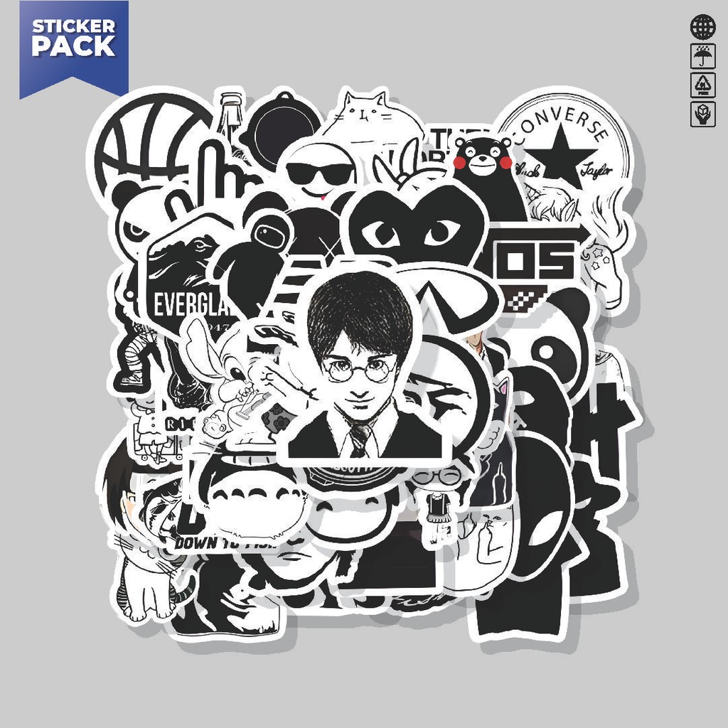 

[100PCS]Stiker Pack Stiker Funny White and Black Custom [Kustom Putih dan Hitam Lucu] Aesthetic Vinyl Anti Air Dekorasi Sticker Laptop Buku Journal Koper Helm Casing HP Gitar Helm Skateboard