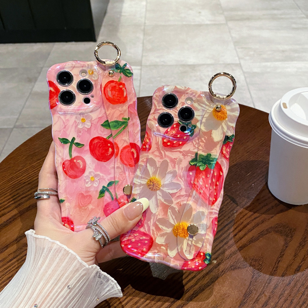 

Luxury Wrist Strap Laser Cherry Strawberries Phone Case For iPhone 15 Plus 11 12 13 16 Pro Max Shockproof Soft Hand Band Cover
