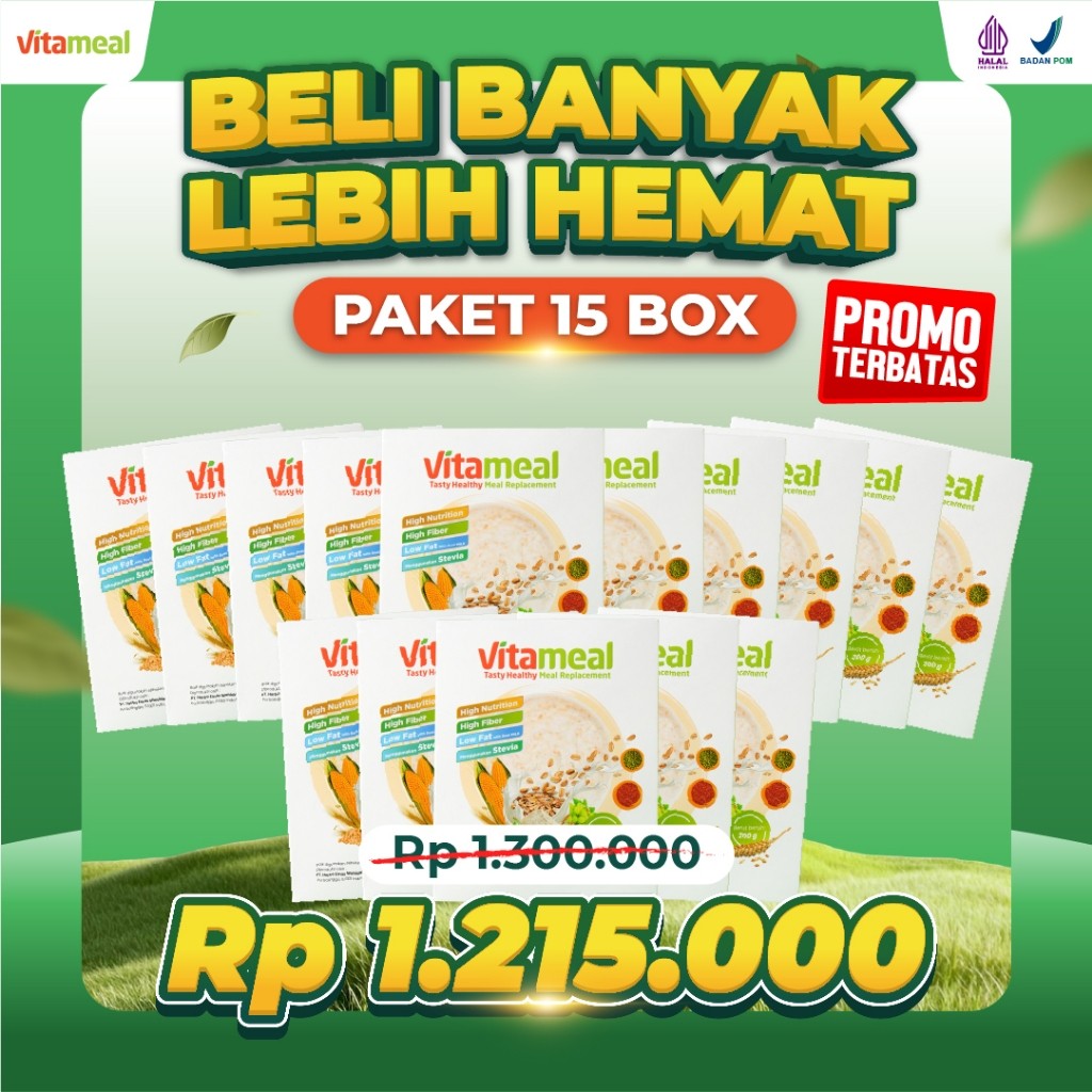 

Sereal Vitameal Paket 15 Box Beli Banyak Lebih Hemat Dan Murah Membantu Menangkal Diabetes dan Menstabilkan Gula darah Membantu Meredakan Maag dll
