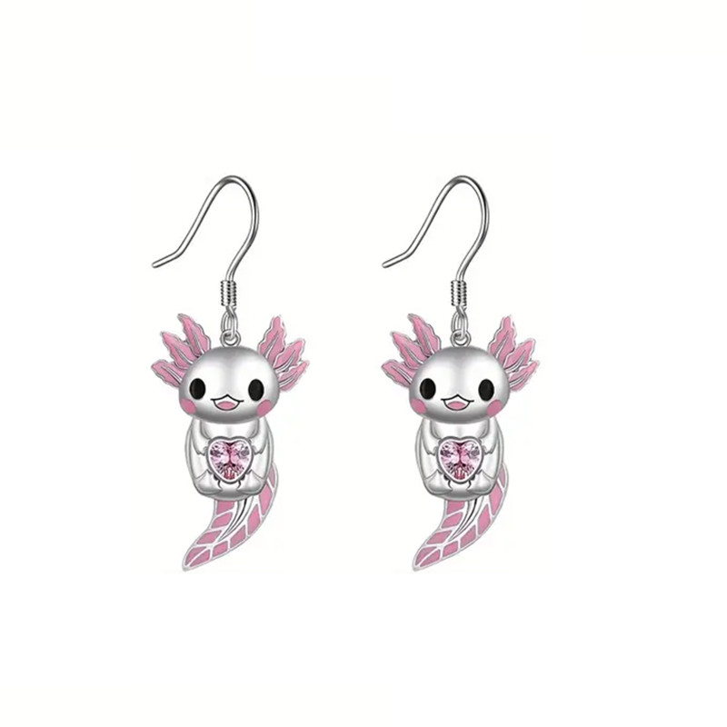 Cute Pink Heart Crystal Salamander Earrings For Girls Women Enamel Cartoon Newt Dangle Earrings Jewe