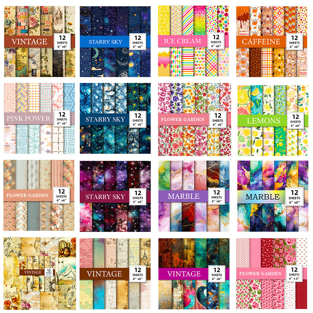 

12 Sheet Scrapbooking Paper 15x15cm, Journal Planner Paper Pad Cardstock Backgrounds Card for DIY Art Craft Decoration