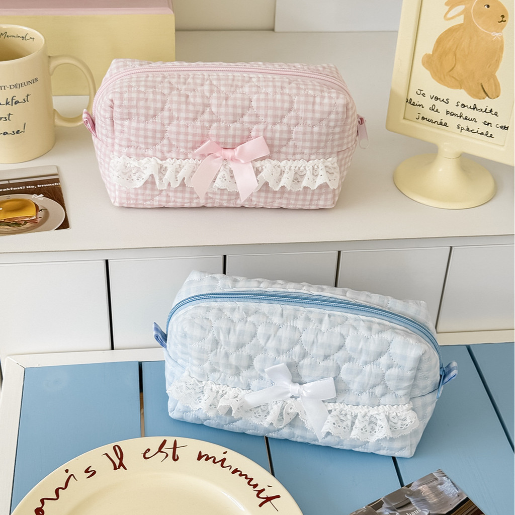 

Pink Blue Check Sweet Lace Stationery Organizer Cute Quilted Large Capacity Pencil Case
