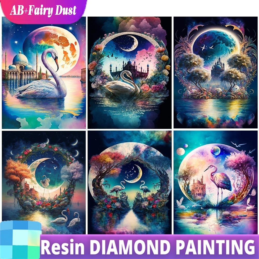 

Resin AB Fairy Dust Drill Diamond Painting Moon Swan Gothic Style Landscape Rhinestone Pictures Cross Stitch Kit Home Decor DIY