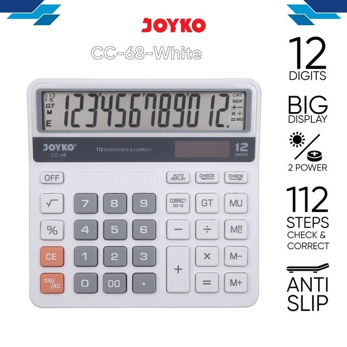 

BEST~[Terlaris] AKKY02 Calculator Kalkulator Joyko CC-68 12 Digits Check & Correct - White