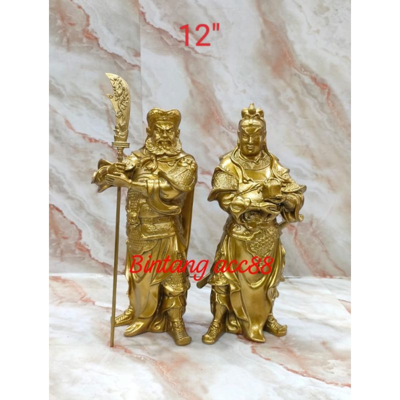 patung dewa pengawal dewa kwan kung / kwan kong / guan yu - kuningan - 12inch