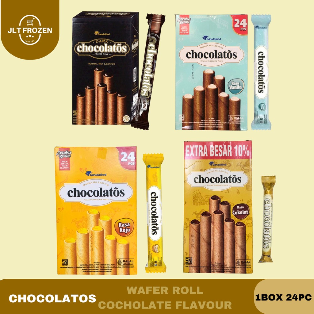 

Chocolatos Wafer Roll Stik Kemasan Besar / 1BOX/24PC Chocolatos Rasa Keju / Vanilla / Chocolate Flavour / Dark Coklat