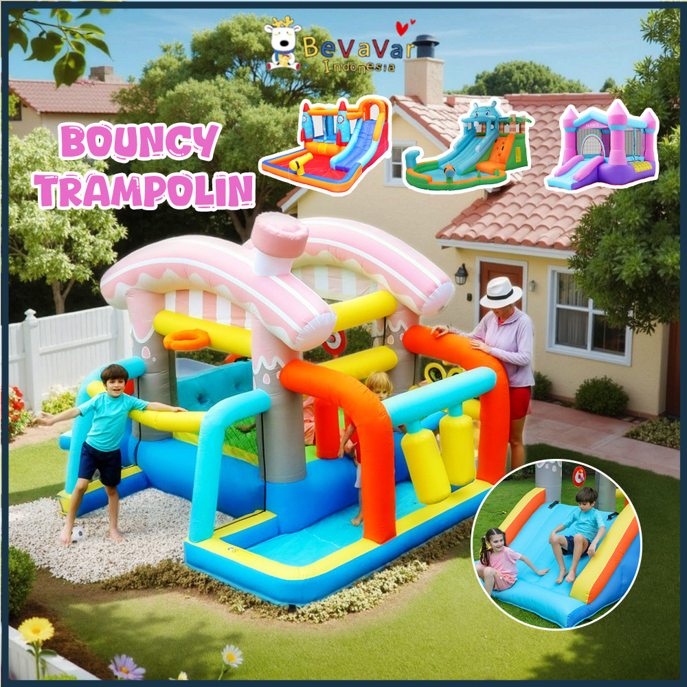 BEVAVAR Mainan Rumah Istana Balon Trampolin Anak Bouncy Trampolin Perosotan