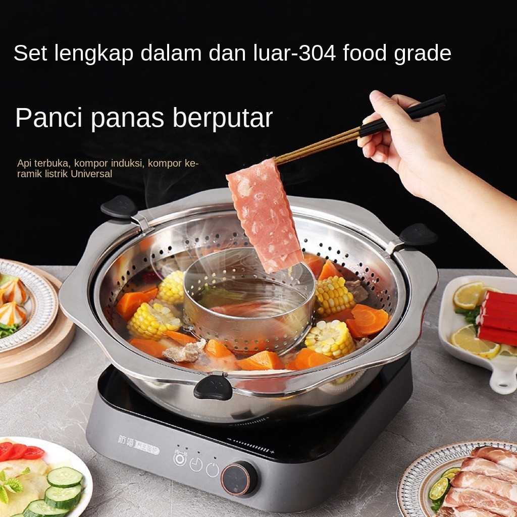 Steel Nusantara - Panci Shabu-Shabu Besar 32,34,36 cm Dengan Sekat Berputar Otomatis Tutup Kaca