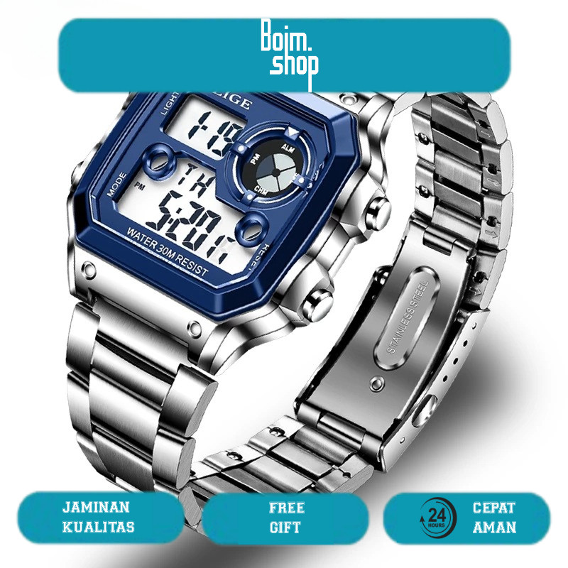 LIGE Fashion Digital Jam Tangan Pria Original Anti Air Cahaya Stopwatch Alarm Jam Tangan + Kotak