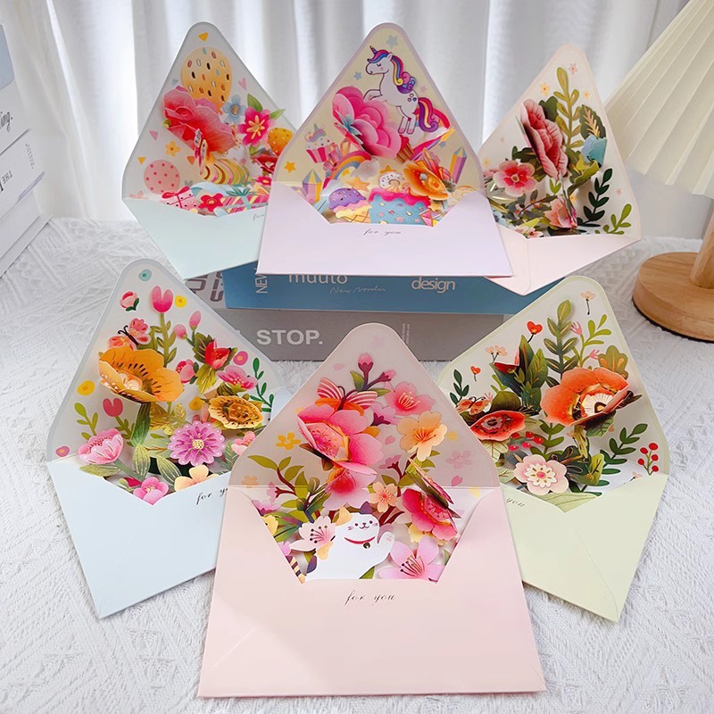 

New Romantic Flower Birthday Card 3D Pop-up Greeting Cards Set Postcard Party Wedding Decorations Creative Girl Gifts