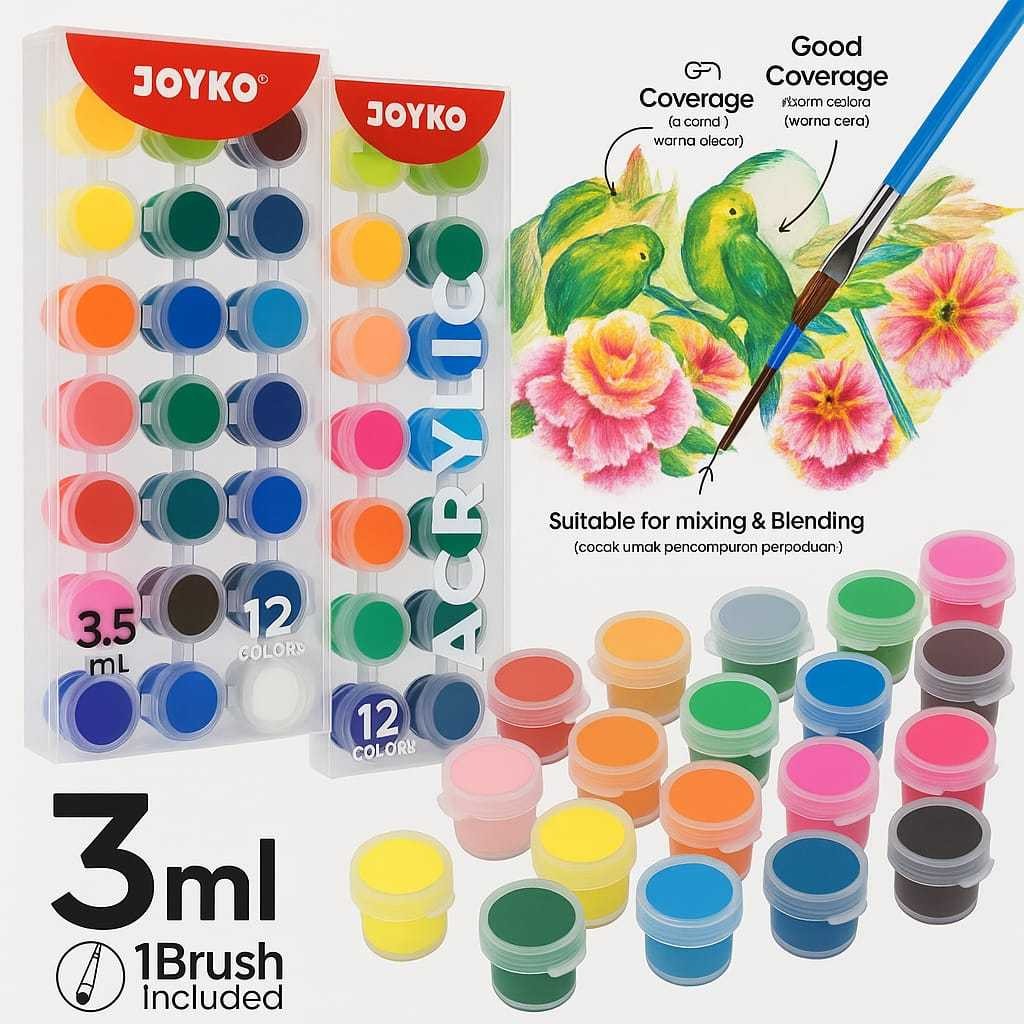

Joyko Cat Akrilik 12 Warna 3ml + Kuas | Acrylic Paint Set