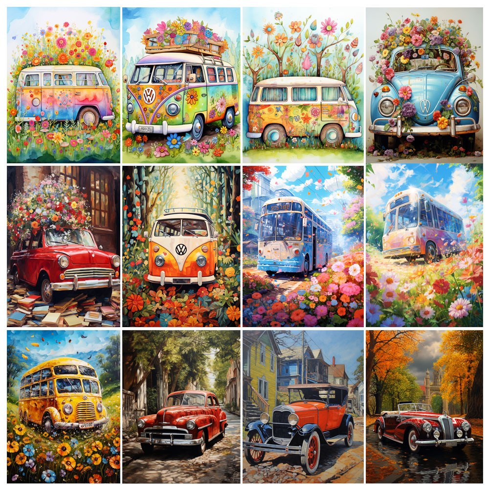 

Painting By Numbers Bus Flowers Meadow Landscape Adult Oil Kit Seascape DIY Acrylic Paint Canva Artwork Gift Home Decorate