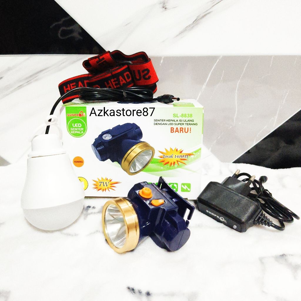 Senter Kepala Sunpro SL-8838 7W senter LED dengan korek api bonus bolam cahaya terang Termurah LED