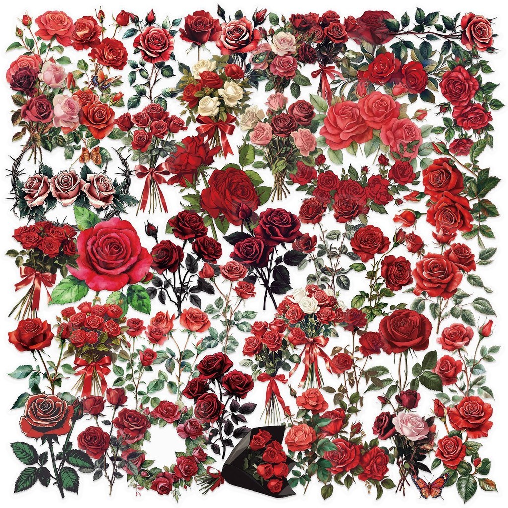 

50PCS Transparent Vintage Red Rose Sticker Pack - Waterproof Clear PET for Scrapbook Guitar & Notebook Decor(Anime Worlds Store)