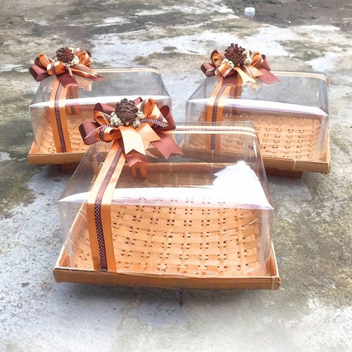 Anyaman bambu termurah PIRING BAMBU TUTUP MIKA FREE PITA POLKA COKLAT/ HANTARAN BAMBU PREMIUM/ Box H