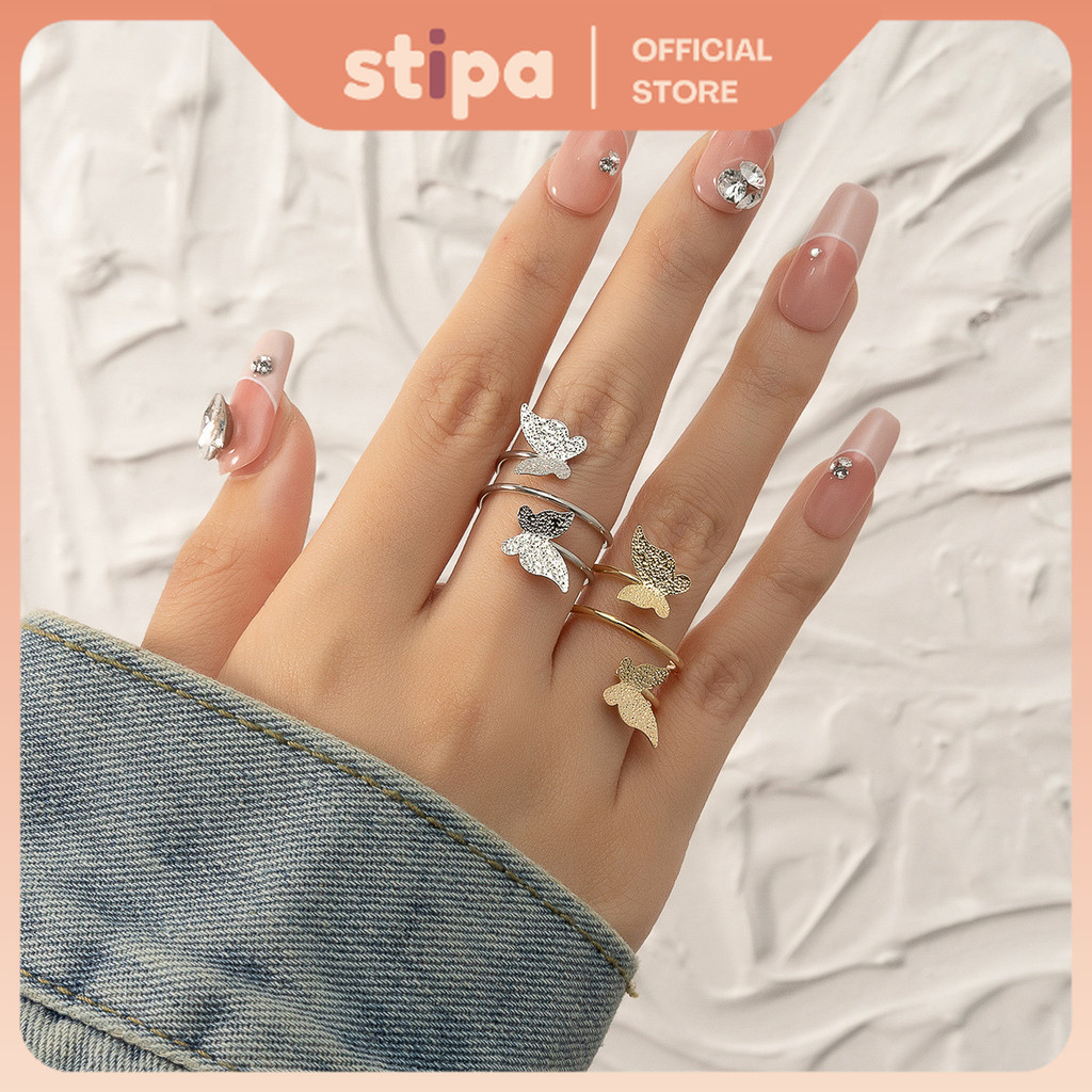 STIPA Cincin Titanium Kupu Lingkar Gold Silver Women Casual Elegant Fashion Ring Accessories Wedding