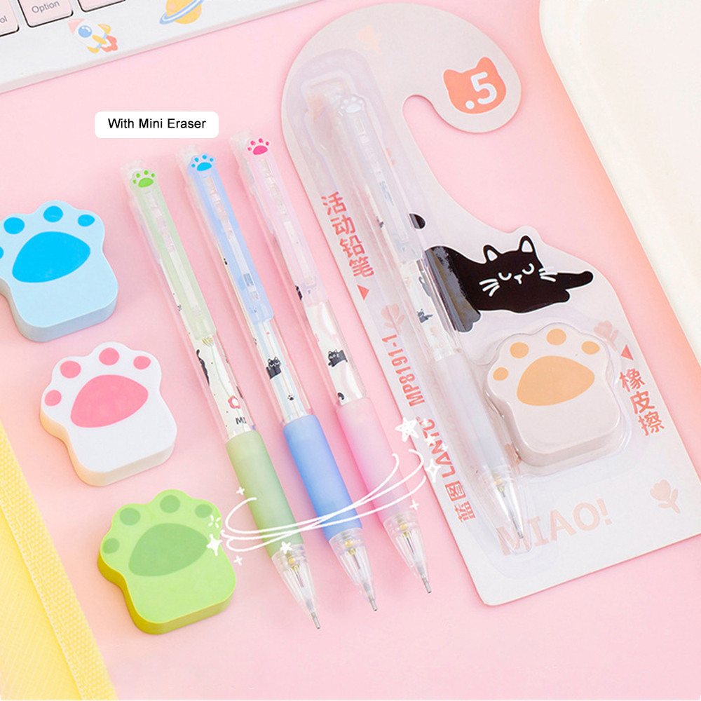 

Cute Cat Automatic Pencil With Eraser Set Cartoon Activity Pencil For Elementary Students Back To School Stationery Supplies