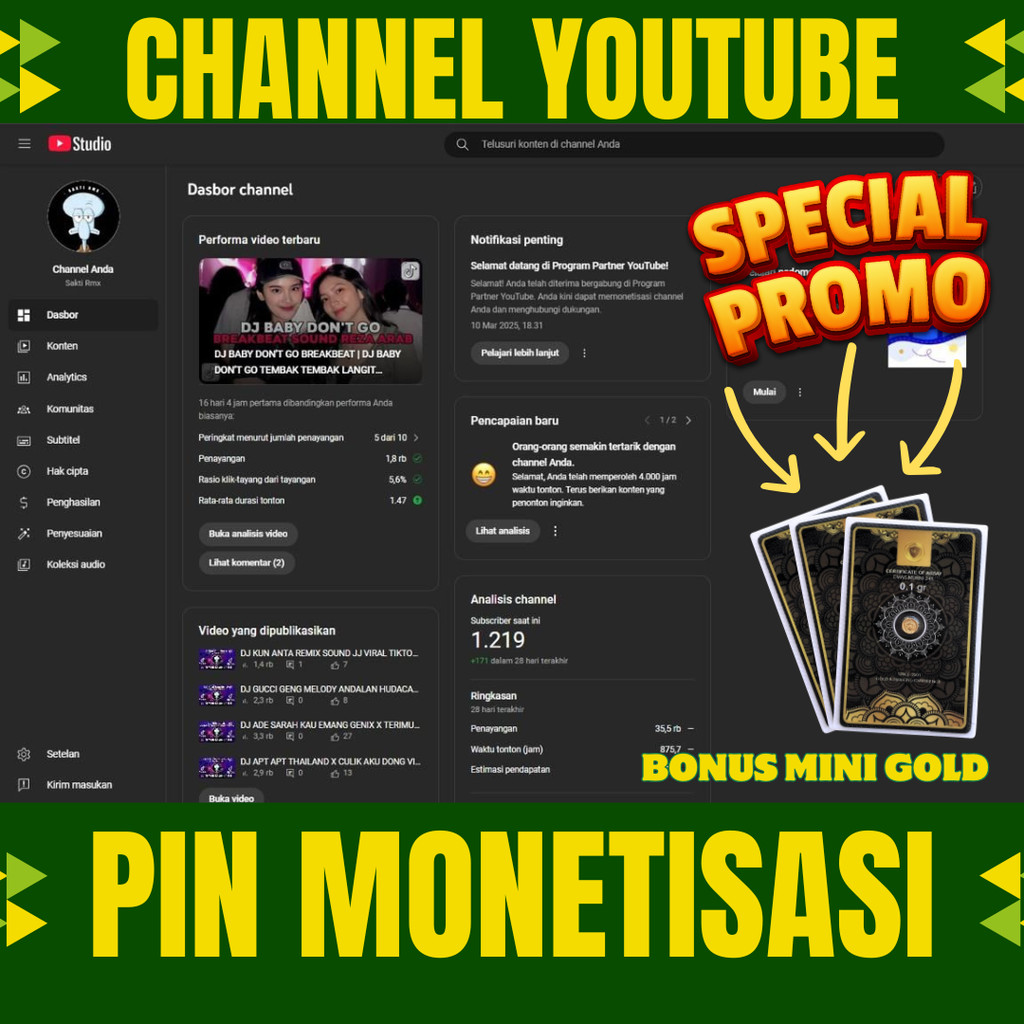 CHANNEL YOUTUBE MONETIASI SUDAH SEPAKET PIN