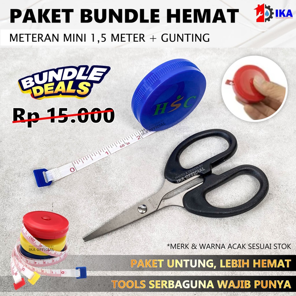 

Paket Hemat Murah Meteran Gulung Mini + Gunting Tajam Serbaguna / Gunting Kertas Size Sedang Medium Tanggung