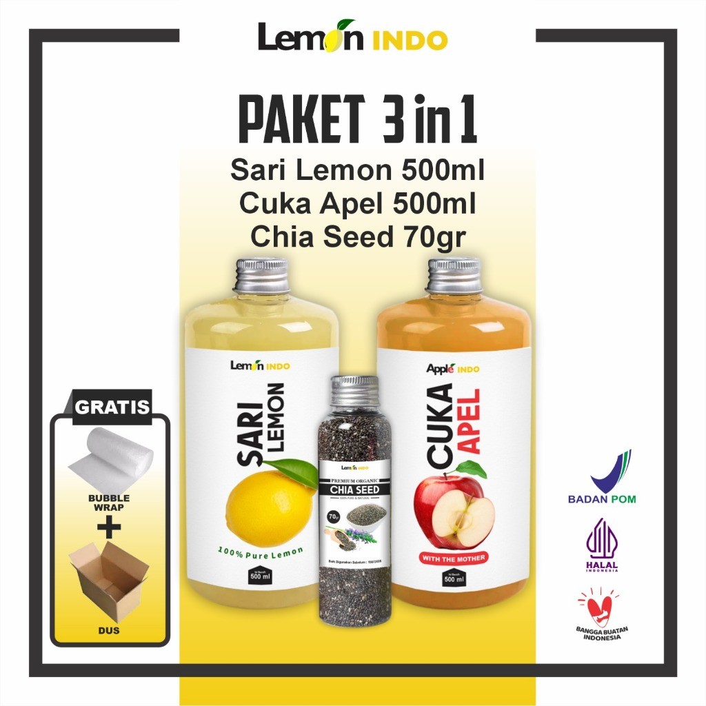 

New Paket Diet Sehat 3IN1 | Sari Lemon 500ML, Cuka Apel 500ML, Chia Seed 70GR | Diet Detox Sehat JSRPremium