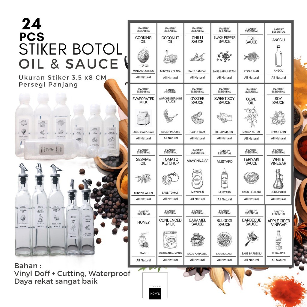 

Stiker Botol Oil & Sauce untuk Minyak , Saus , Kecap , dll , Vinyl Doff Waterproof, 24 pcs/set, 3,5x8 cm