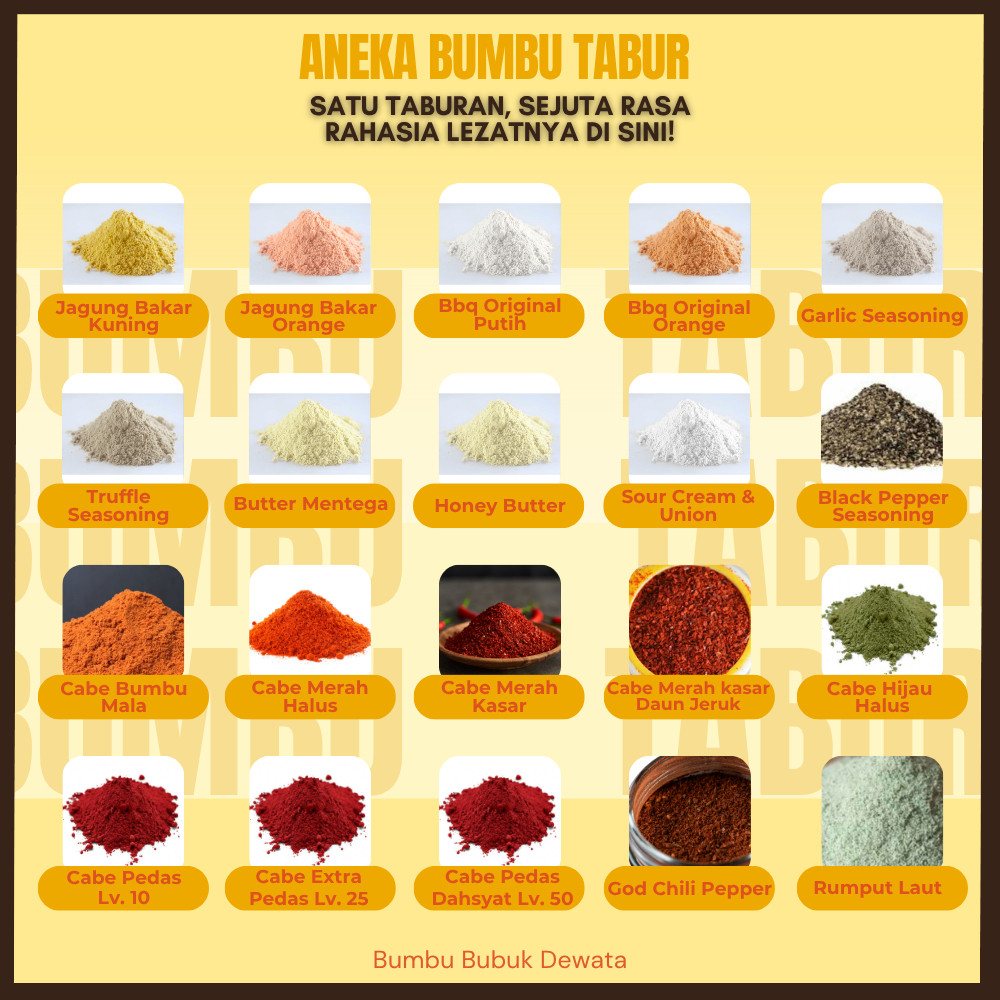 

Bumbu Tabur 1 Kg Lengkap Semua Rasa, Bubuk Serbaguna Kualitas Premium, Balado, Ayam Bawang, Cabe Merah Pedas Lv.10, 25 & 50, Barbeque, Sapi Rendang, Bulgogi, Jagung Bakar, Keju Asin & Cheddar, Seblak, Kimchi, Rumput Laut