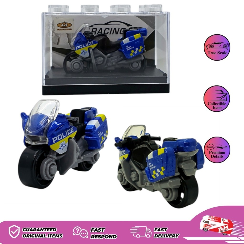 Diecast Motor Police Biru #2 - Mainan Kendaraan Motor Polisi - Kemasan Acrilic