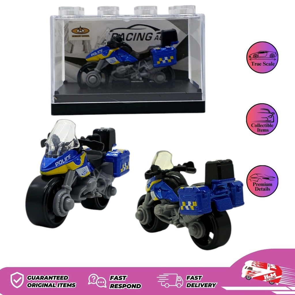 Diecast Motor Police Biru #1 - Mainan Kendaraan Motor Polisi - Kemasan Acrilic