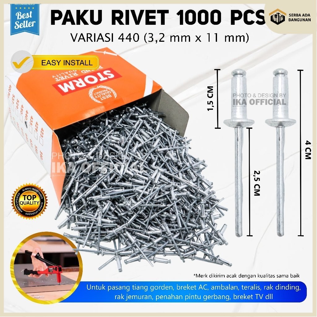 SAB Paku Rivet Rivetti 440 Size 3.2mm x 11mm isi 1000pcs 1 KOTAK PAKU RIVET MERK ACAK 440 UKURAN 3.2