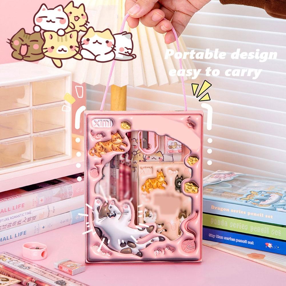 

Portable Stationery Set Cartoon Cat Student Stationery Bag Pencil Eraser Sharpener Kindergarten School Supplies