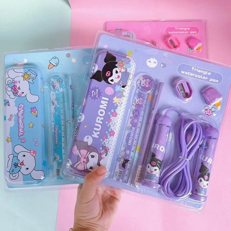 

6-pcs/set Sanrio melody Kuromi metal pencil case ruler skipping rope sharpener eraser stationery set children's gifts learning