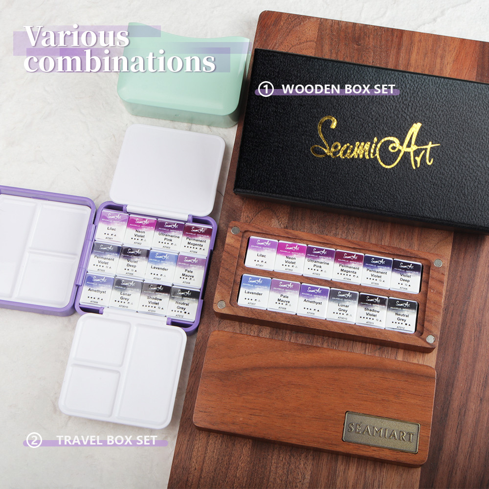 

SeamiArt 12color Amethyst Professional Solid Watercolor Set Purple Color System with Wooden Painting Box Palette
