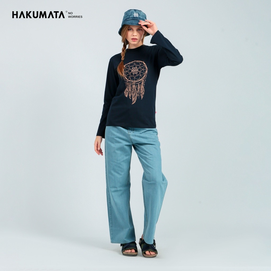 Hakumata Girl -  Catcher - Kaos Katun 30s Reguler Fit Wanita Lengan Panjang Abu Muda & Navy