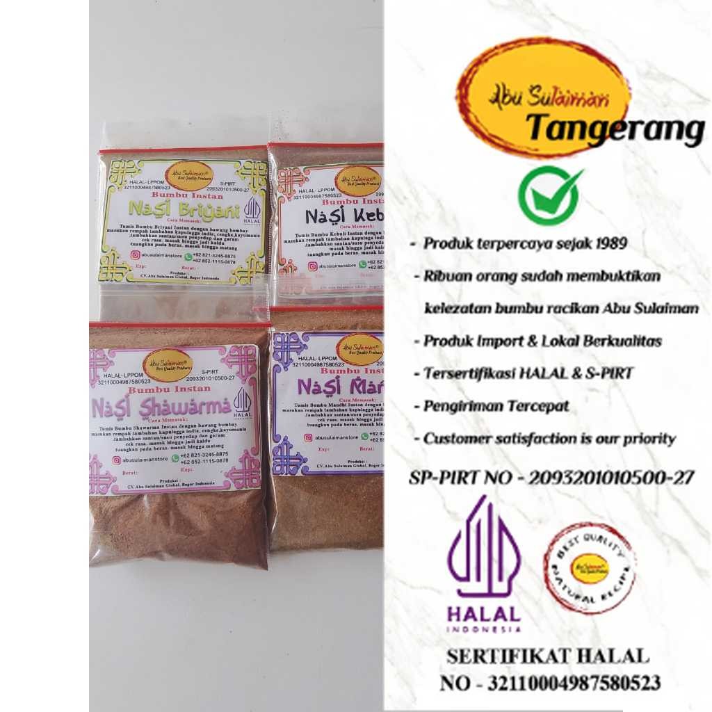 

Ekstra Lebih Hemat ! Bumbu Kebuli Briyani Kabsah Mandhi Bukhori shawarma Abu Sulaiman / Bumbu Instan Timur Tengah / Abu Sulaiman Tangerang