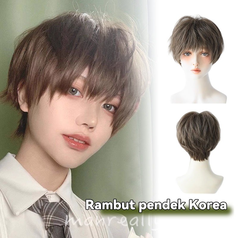 【King Ka】Rambut Pendek Korea  Full Wig Wanita Korea Netral Pendek Rambut Pendek Berbulu Alami Rambut