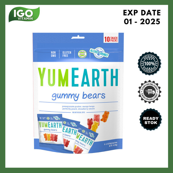 

Permen Anak Bebas Gula YumEarth, Gummy Bears Snacks 10 Packs, 176 g