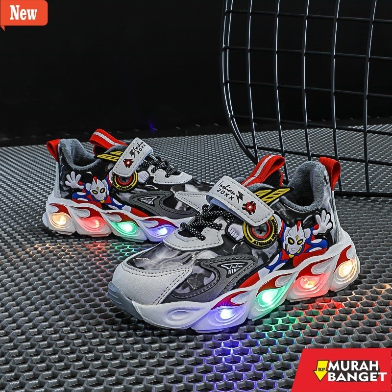 sepatu sneakers pria brand lokal Sepatu Anak Sneakers LED Laki-laki Import Motif ULTRAMAN Mebius Kid