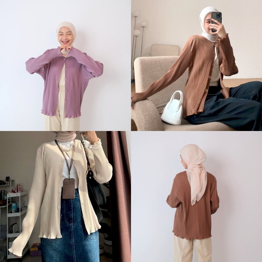 Cardigan Leonara Kekinian Polos Lengan Panjang Rib Kancing Wanita