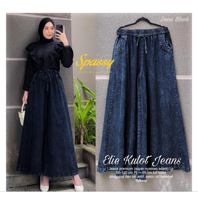 Celana Kulot Jumbo Wanita Jeans Premium Pinggang Elastis Tali Pinggang