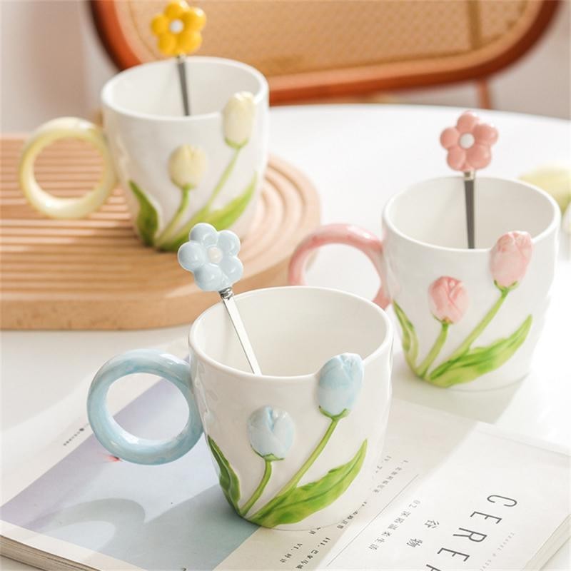 

Ins Style Tulip Flower Ceramic Mug Three-dimensional Design Creative Relief Girl Heart Coffee Cup Birthday Valentine's Gift