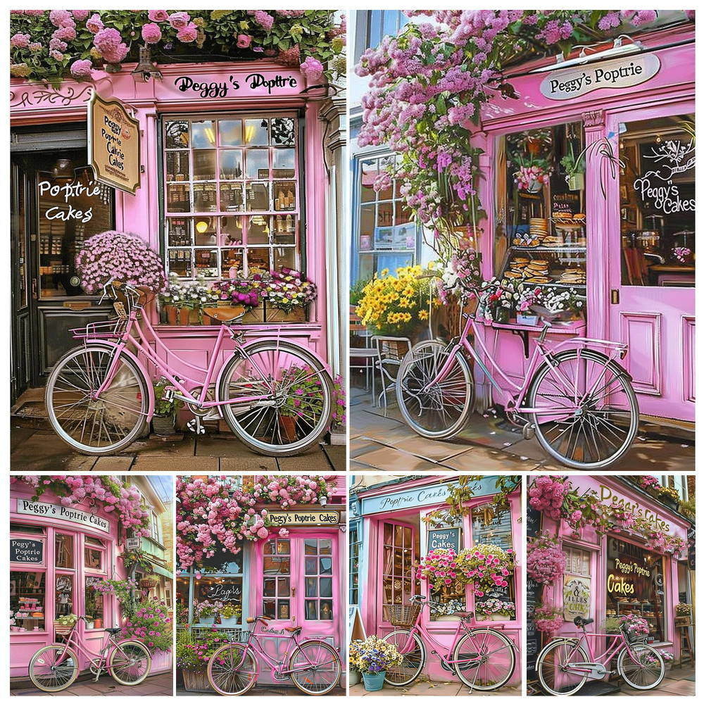 

Acrylic Painting by Numbers Kit Pink House Bike Flowers Artwork Canvas Art Hand Painting Home Personality Gift Decoration
