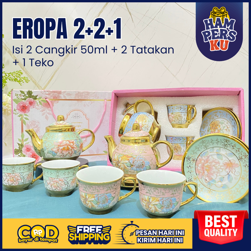 Hampers Cangkir Keramik Teko Tatakan EROPA Souvenir Gelas Aesthetic Kado Nikahan Wedding Gift Unik B