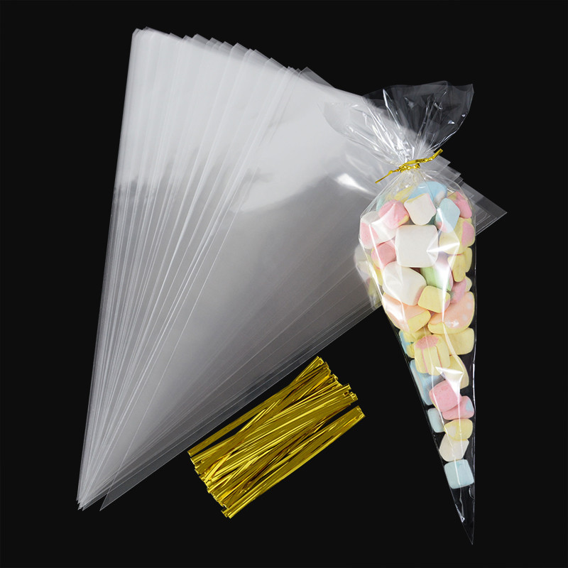 

50pcs Clear Cone Candy Storage Bags Cones Transprant Plastic Bag Popcorn Candy Bags for Baby Shower Wedding Party Bags Supplies