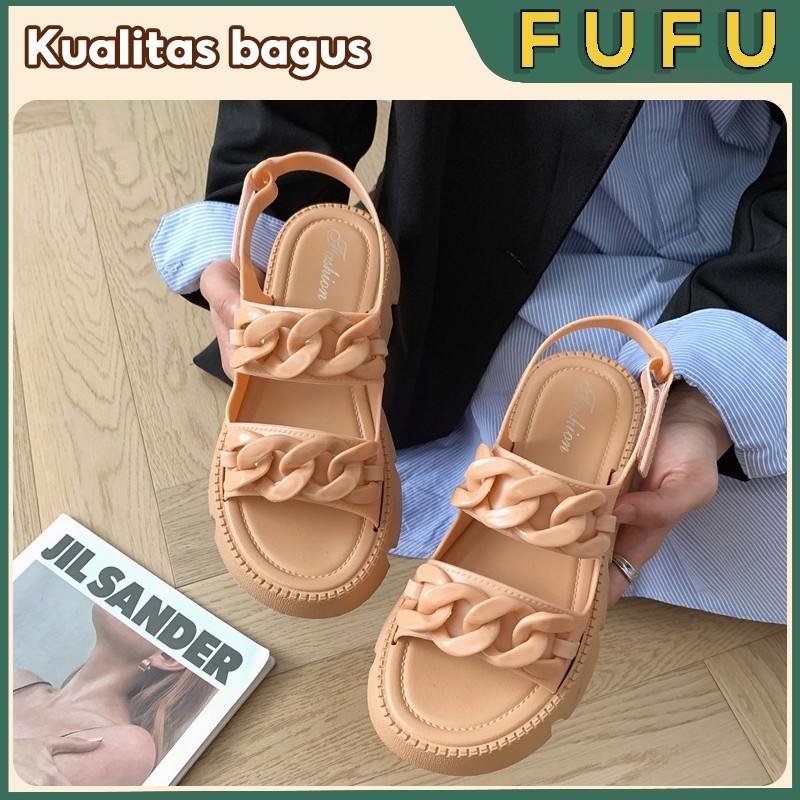 FUFU Sandal Wanita Karet Tali Belakang Sepatu Sendal Wedges Sol Tebal