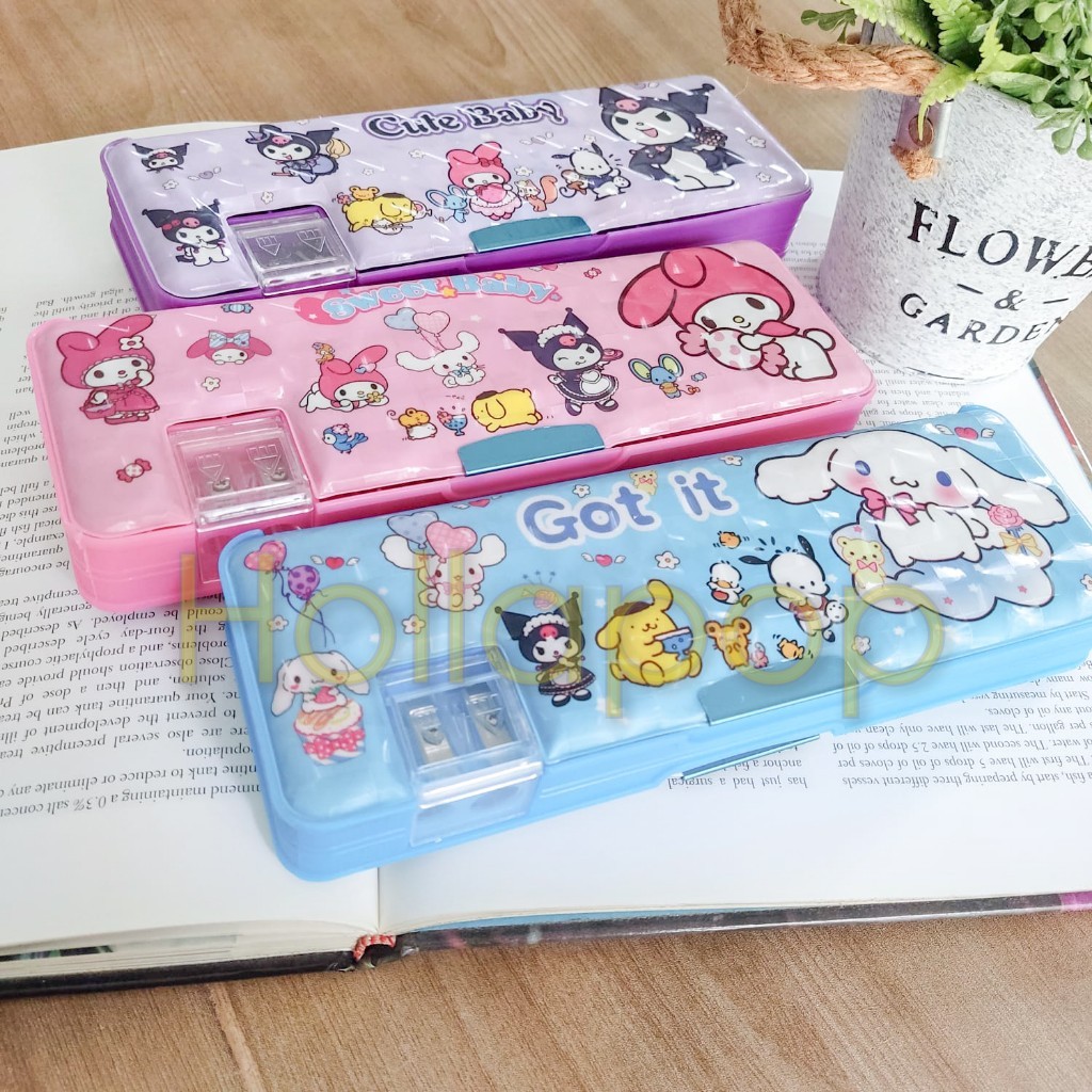 

HOP Tempat Kotak Pensil 2 sisi dengan Serutan Kuromi My Melody Cinnamoroll Hologram