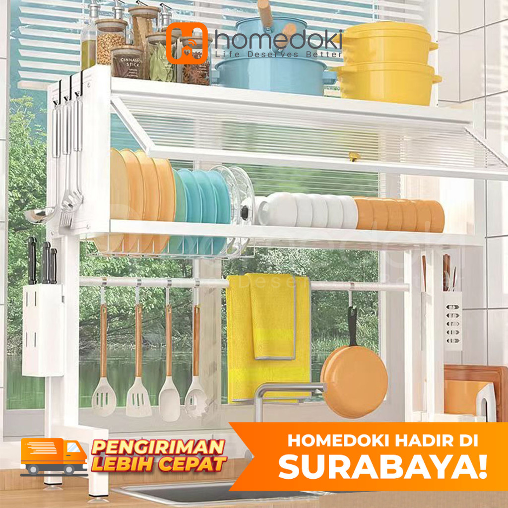 Homedoki Surabaya- Rak Piring Wastafel Dapur Stainless Steel Multi-fungsi Dengan Penutup Rak Piring 
