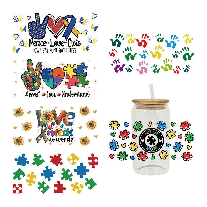 

UV DTF Transfer Sticker AUTISM Themed For The 16oz Libbey Glasses Wraps Cup Can DIY Waterproof Easy To Use Custom Decals D7436