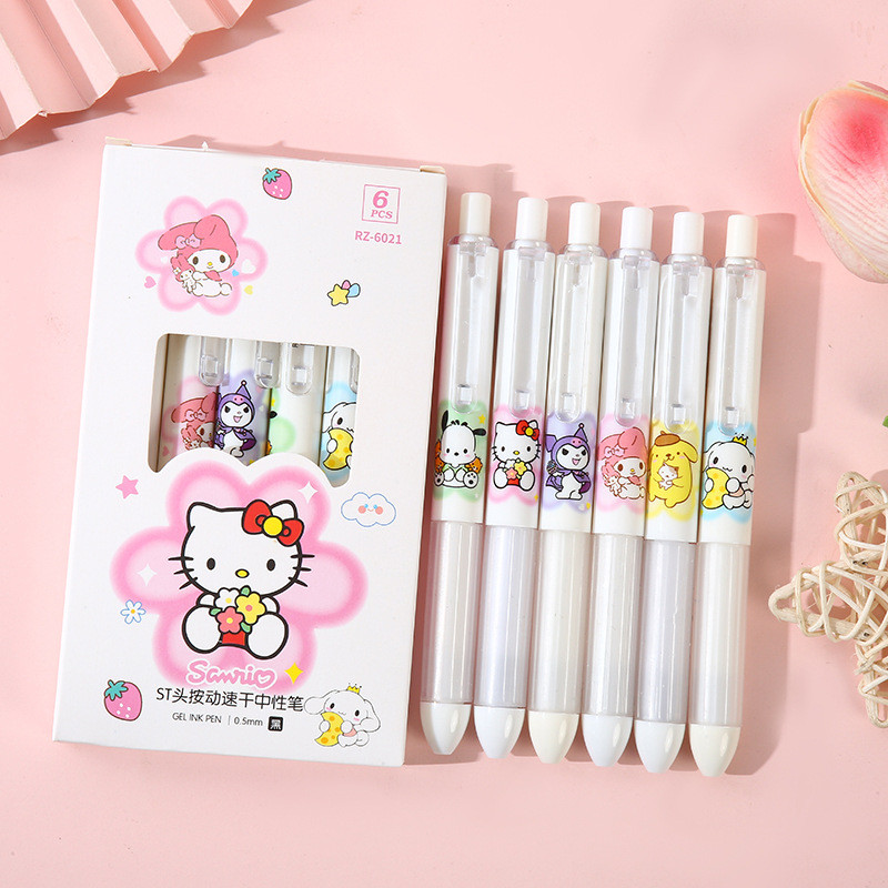 

6Pcs Sanrio Hello Kitty Gel Pen Cute Cartoon Kuromi Cinnamoroll High Appearance Press Pen School Supplies Girl&Child Gifts