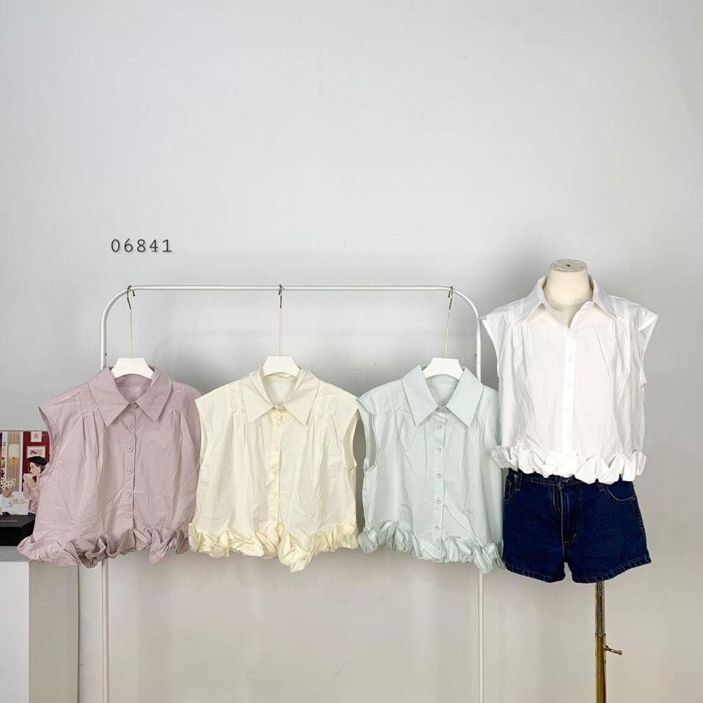 BLOUSE KATUN POLOS PINGGANG RUMPLE VARIASI KERAH V NECK FULL BUTTON DEPAN MODEL BLOUSE TANPA LENGAN 