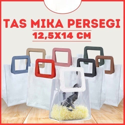 

Tas Mika PVC Transparan Handle Persegi Kulit 14x12,5cm 14 x 12,5 cm Leather Goodie Bag Kantong Souvenir Hampers Aksesoris Ulang Tahun Lebaran Aneka Warna Pegangan Premium